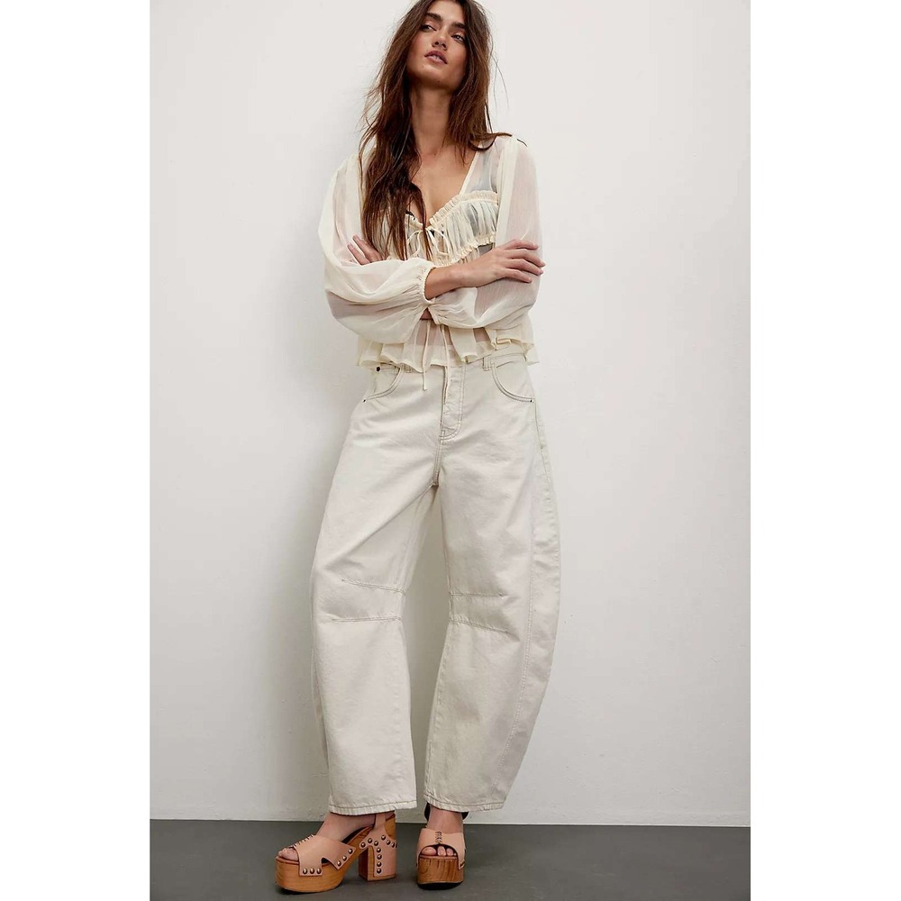 New We The Free People Jeans 32 Short Barrel Good Luck Horseshoe Milk Boho Baggy